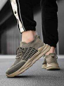 Men's Fashion Striped Knit Mesh Lace-Up Slip-On Casual Sneakers, Versatile, Comfortable, Suitable For Daily Wear, Outdoor, Commute, Wear With Socks