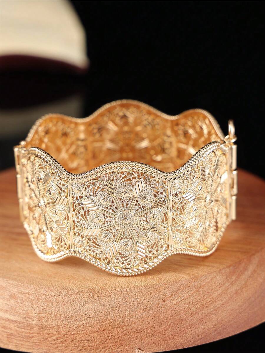 1 pieza Brazalete vintage de metal algerino con patrón floral hueco tallado, regalo para mujeres árabes en fiestas de cumpleaños, joyas para banquetes