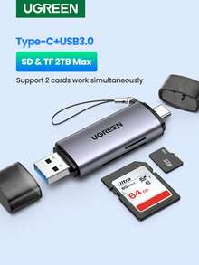 UGREEN USB 内存 SD 卡读卡器 C 型 USB 3.0 转 SD TF Micro SD 适配器适用于笔记本电脑 Android 手机 OTG 智能二合一 SD 读卡器兼容 15 16 - 灰色 - 查看 1
