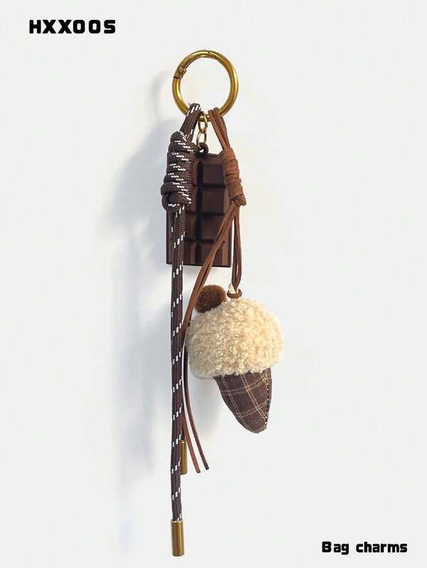 HXXOOS 1pc Cute Chocolate Ice Cream Bag Charm – Retro Fabric Cone Pendant With Braided Cord, DIY Keychain Accessory For Shoulder Bags, Handbags, Backpacks – Sweet Y2K Style Gift For Girls, Women, Students