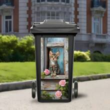 1 Stück Tabby Kätzchen & Rosa Rose Outdoor Mülleimer Aufkleber, herzerwärmende Tier Dekor Aufkleber, wasserfest Abfalleimer Kunst für Garten & Terrasse, UV-beständige Heim- und Gartendekoration, strapazierfähiger selbstklebender Vinyl-Aufkleber, ästhetischer Mülltonnen-Aufkleber, für Schulmaterial, Schulanfang