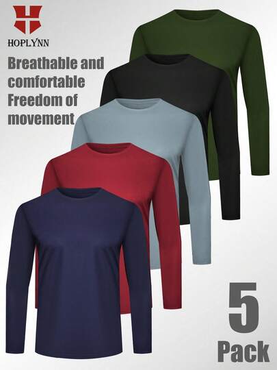 HOPLYNN 5 Packs Men's Long Sleeve Shirts For Men Running Or Hiking Tee Shirts Workout T Shirts Casual