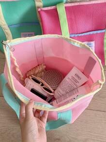 1 Pc Macaron Contrasting Color Summer Bbeach Bag, Mesh Large Capacity Tote Bag, Dopamine Clothing Storage Bag, Suitable For Beach, Swimming, Travel And Vacation Essentials, Portable Travel Bag, Foldable Multifunctional Storage Bag