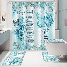 4 Pcs Yellow Inspirational Quotes Shower Curtain Set With Rugs And Toilet Lid Cover, Colorful Boho Waterproof Fabric Bathroom Set, Bible Verse Floral Bathroom Decor Set Accessories - 深青色 - 查看 10
