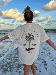 女士休闲圆领棕榈树字母印花度假风短袖T恤上衣，白色和粉色 - 白色 - 查看 2