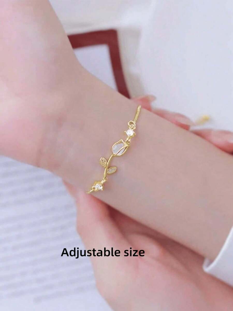 1 件不锈钢时尚小众设计高端郁金香猫眼宝石可调节手链，优雅女士花卉手链 - 金黃色 - 查看 1