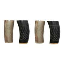Juego de 4 vasos de cuerno de vikingo con base de madera para ceremonias, adecuados para cerveza, ale o vino, 6 pulgadas - Línea única - Ver 1