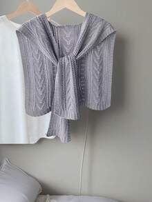 1pc Women Hollow Out Knitted Shawl, Versatile New Design With Bow Decor Poncho, Solid Color Collar Wrap, Perfect For Air Conditioned Room And Outdoor Matching For Dress - Multicolor - View 2