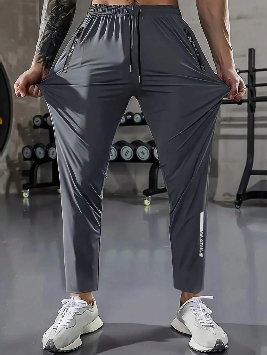 Men's Ice Fiber Athletic Pants, Stretchy And Breathable With Pockets And Zipper - Grey - View 1