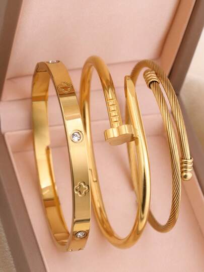 3pcs/Set Stainless Steel High Quality Flower Zirconia Women Nail Cuff Bracelet, Jewelry Set Suitable For Daily Wear