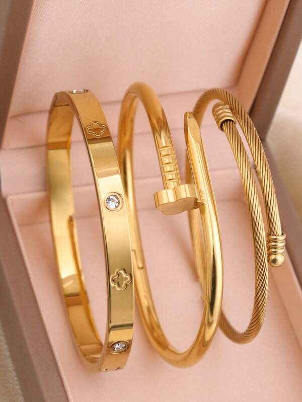 3pcs/Set Stainless Steel High Quality Flower Zirconia Women Nail Cuff Bracelet, Jewelry Set Suitable For Daily Wear
