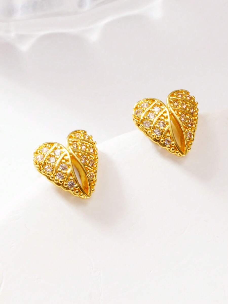 2 件优雅奢华水钻镶嵌心形女士金耳环，适合送给女友、妻子、朋友、节日、生日的礼物，适合女士日常和节日 - 金黃色 - 查看 1