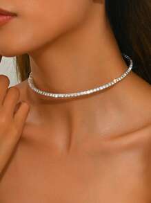 1pc Luxury Party Open Choker Necklace With Double Row Rhinestone & Zirconia Decor
