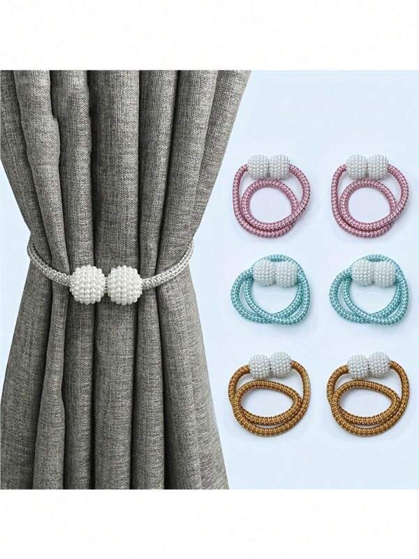 2pcs Creative Window Curtain Clips, Pearl Magnetic Curtain Tie Backs With Rope, Curtain Accessories, Beautiful Pearl Magnetic Curtain Buckles Without Drilling, Curtain Organizer Tie Rope
