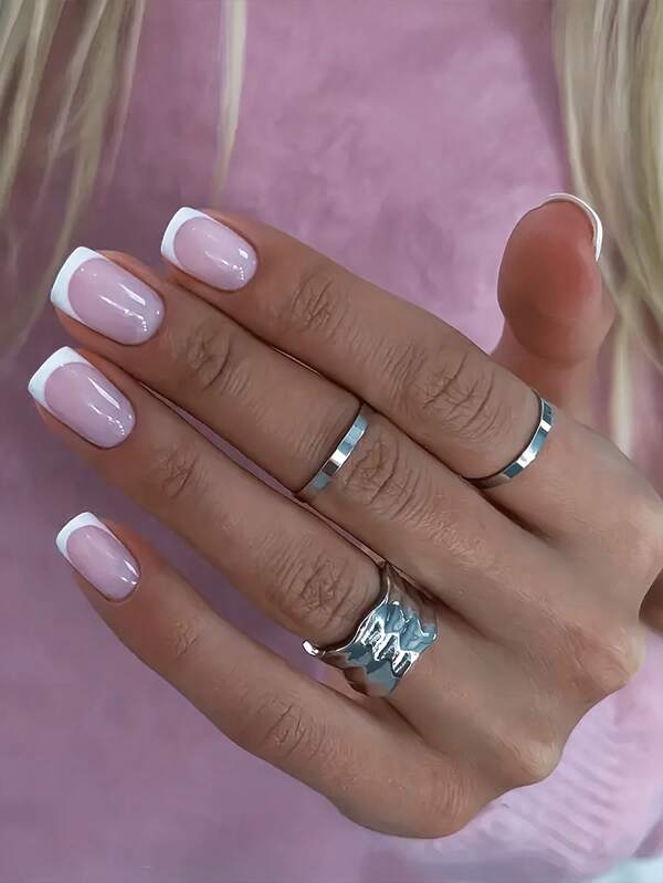 Set clásico y elegante de 24 uñas postizas cortas y cuadradas con borde blanco francés para realzar el temperamento + 1 pieza de gel de gelatina + 1 pieza de tiras abrasivas, adecuado para uso diario, casual, de vacaciones y de citas