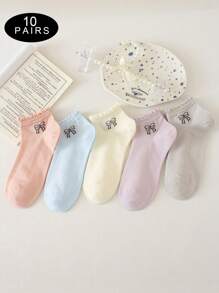 5/10 par krótkich skarpetek zdobionych kokardką, koronkowe wykończenie, śliczne skarpetki do kostki z niskim wycięciem, miękkie, oddychające, modne skarpetki żeglarskie, odpowiednie do codziennego noszenia, latem i jesienią