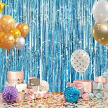2Pack Silver Metallic Tinsel Foil Fringe Curtains, Door Streamer Photo Booth Backdrop Birthday Wedding, Graduation Engagement Bridal Shower Bachelorette Party Decorations Dancing Ball Party - light blue - 查看 7
