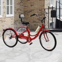 24 Zoll Erwachsene Dreiräder Fahrrad, 7 Geschwindigkeit Falten Erwachsene Trikes, Dreiräder, Kohlenstoffstahl Cruiser Fahrrad mit Korb und verstellbarem Sitz, Picknick Einkaufs Dreiräder für Senioren, Frauen, Männer