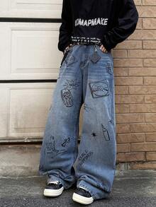 1pc Vintage Loose Design Graphic Print Wide Leg Pants, Unisex Streetwear - Blue - View 5