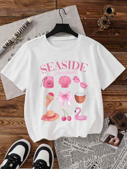 IXOEIS Women's Fun Seaside Vacation, Shell, Coconut Bow, Cherry, Ice Cream Print Round Neck Short Sleeve T-Shirt, Casual Loose Fit, Birthday Gift, Spring And Summer T-Shirt Top, Suitable For All Occasions
