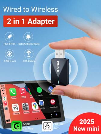 XUDA 2in1 Mini Carplay Ai Box Wired To Wireless Carplay And Android Auto 5GHz WiFi5 Transmission Speed Plug And Play Fashionable And Portable Suitable For 99% OEM CarPlay Cars
