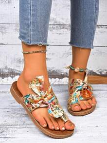 彩虹蝴蝶结装饰女士平底凉鞋，舒适按摩鞋底，多色沙滩拖鞋 - 彩色 - 查看 2