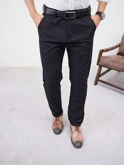 Men's Solid Color Business Formal Pants, Straight-Leg Office Trousers, Suitable For All Seasons Outdoor Casual & Formal Occasions