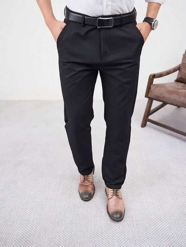 Men's Solid Color Business Formal Pants, Straight-Leg Office Trousers, Suitable For All Seasons Outdoor Casual & Formal Occasions