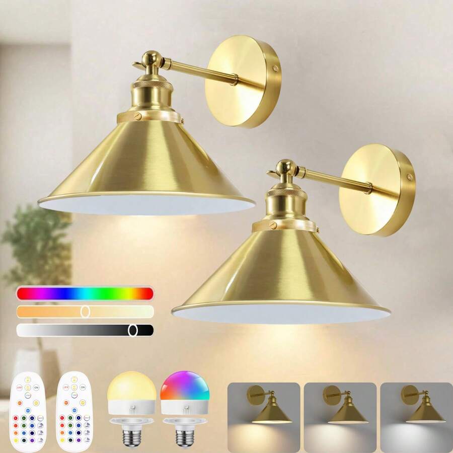 Wireless Charging Wall Lamp, Retro Gold Wireless Chargeable Wall Light With 15-Color Dimmable Detachable Bulb & Remote Control, 270° Adjustable Wall Lamp, Suitable For Bedrooms And Farmhouses - 15RGB - View 1
