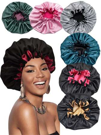 1 pieza Gorro de dormir de doble capa con elasticidad, en colores, estilo de dama con gorro largo, ayuda al cuidado del cabello, simple y elegante, de moda, gorro de seda para mujer.