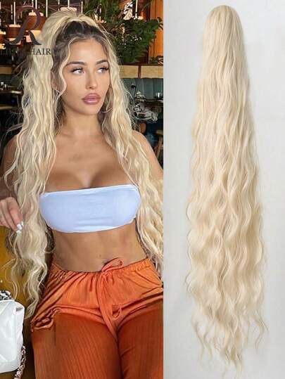32 Inches Long, Golden, Wavy, Heat-Resistant, Synthetic Ponytail Extension, Made Of Synthetic Fibers, With Clips, Suitable For Girls And Women, Perfect For Parties And Daily Life
