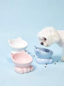 PETSIN 1只可愛陶瓷貓碗貓耳造型小型犬食品水碗寵物提高飲食器幼犬貓咪餵食用品 - 彩色 - 查看 2