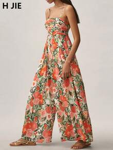 Women's Geometric Print Jumpsuit, With Ruffle Top Design, Creates A Casual Elegant Look, Suitable For Graduation Ceremony Or Daily Wear - Color - View 2