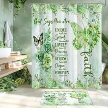 4 Pcs Yellow Inspirational Quotes Shower Curtain Set With Rugs And Toilet Lid Cover, Colorful Boho Waterproof Fabric Bathroom Set, Bible Verse Floral Bathroom Decor Set Accessories - 綠色 - 查看 4