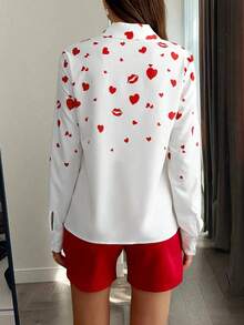 Camisa blanca de mujer con estampado de corazones y labios rojos, blusa con botones - Blanco - Ver 6