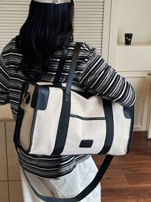 Simple Large Capacity Travel Luggage Bag, Fashionable Colorblock Handbag Boston Shoulder Bag, Versatile For Casual Use, Can Be Carried As Shoulder Or Crossbody Bag, Black & Brown With Beige Travel Bag For Suitcase Overnight Bag Gym Bag Duffle Bag Weekend Bag Duffel Bag Carry On Bag College Bag Luggage Bags Weekender Bag For Luggage Hospital Bag Holiday Winter Bag For School School Accessories School Stuff