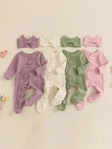 Newborn Girl Fall Outfit Solid Ribbed Ruffle Trim Long Sleeve Zipper Front Footed Bubble Jumpsuit Bow Headband 2 Piece Set - Pink - View 1