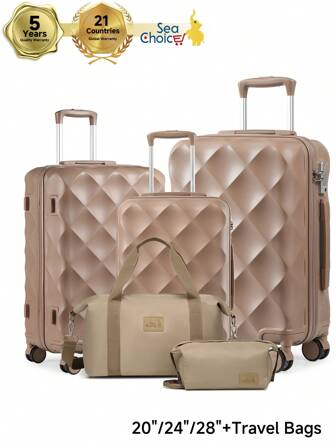Set valigie trolley rigide Sea Choice 5 pezzi. Valigia da viaggio con doppie ruote Contiene 1 borsa da viaggio e 1 beauty case, set di valigie M-L-XL (55/65/76 cm), lucchetto TSA e 4 ruote