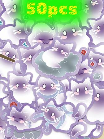 50個 紫色の幽霊猫 装飾ステッカー 衣装ダンス、窓、ガラス、スーツケース、日記、ギター、スケートボード、本、誕生日、休日の贈り物、学習の褒美