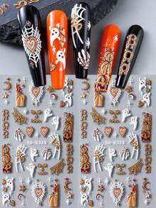 2 件 BOO 万圣节指甲可爱鬼魂金色闪光南瓜蜘蛛网星星月亮 5D 浮雕美甲贴纸卡通不给糖就捣蛋闪亮贴花 DIY 美甲用品指甲饰品 - 彩色 - 查看 7