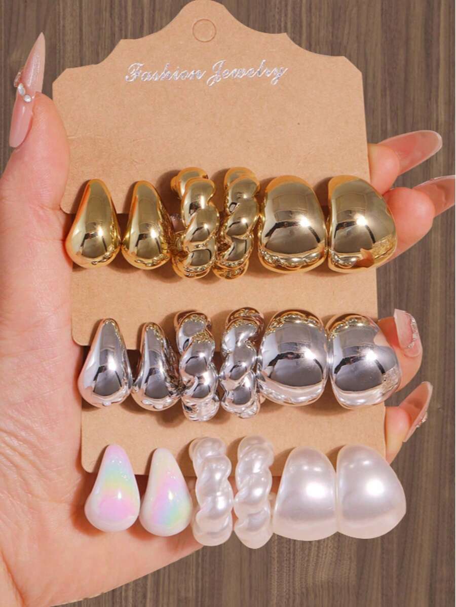 6 PIÈCES/18 PIÈCES Boucles d'oreilles en forme de goutte d'eau en perle blanche, or et argent