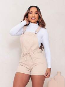 JARDINEIRA CURTA JEANS CASUAL FEMININA - Bege - Visão 3