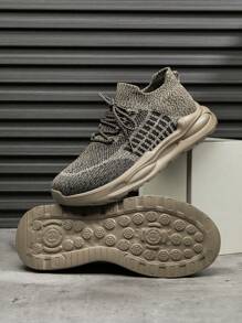 Men's Fashion Striped Knit Mesh Lace-Up Slip-On Casual Sneakers, Versatile, Comfortable, Suitable For Daily Wear, Outdoor, Commute, Wear With Socks