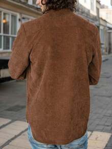 hoteel Men's Casual Multi-Pocket Solid Color Corduroy Button-Down Shirt, Men's Slim And Comfortable Top - 棕色 - 查看 3