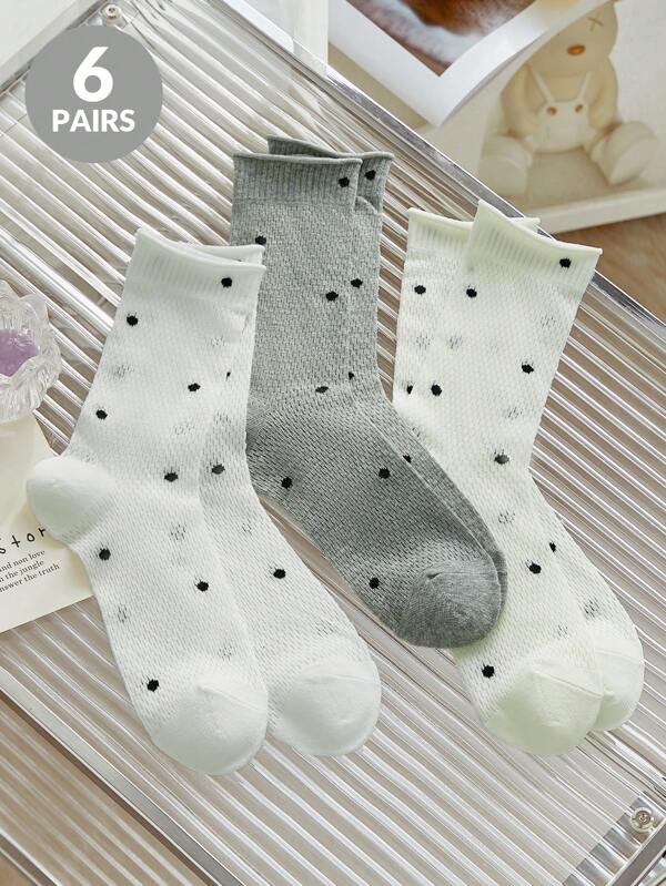 6 Pairs Of Women's Socks, Ribbed Edge Polka Dot Women's Crew Socks, Daily Time Casual Sports And Out Wear