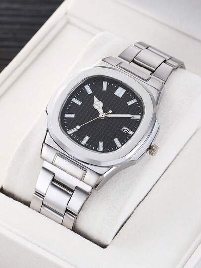 1 pieza/Set Reloj de cuarzo con esfera cuadrada marcada con remaches de acero para hombres de negocios a la moda, apto para uso diario, eventos de negocios, fiestas de vacaciones, regalo para festivales