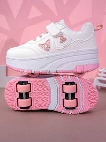 儿童四轮溜冰鞋，可拆卸可变换运动鞋，时尚休闲运动鞋，带钩环扣，适合男孩和女孩