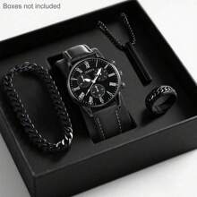 LIANDU LIANDU Men's Watch 4 Piece Set, Casual Chic, Roman Numerals, Round Dial, Quartz Watch And Pendant Necklace, Cuban Bracelet, Ring Set For Everyday Wear, Back To School Season, Graduation Season, Thanksgiving Day, Couples, Best Gift (No Box)