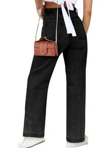 Haloumoning Girls' Stretch Denim Jeans - Casual Straight Leg, Elastic Waistband, Light Blue, Long Pants With Pockets, Machine Washable - Perfect For All Seasons, Comfortable Playwear|Classic Blue Jeans|Cotton Polyester Blend - Màu xanh lam - Xem 6