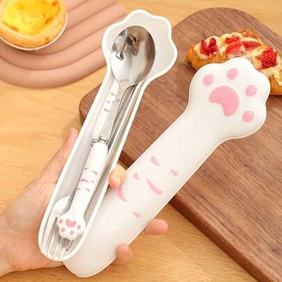 Set portatile di posate in acciaio inossidabile da 2/3 pezzi con forchetta, cucchiaio e custodia a forma di zampa di gatto - durevole, facile da pulire, ergonomico, adatto per caffè, dessert, uso domestico, in cucina e ristorante, design carino a forma di gatto, ottimo per il rientro a scuola